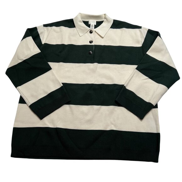 H&M Fine Knit Polo Sweater in White Dark Green Striped - Picture 1 of 5
